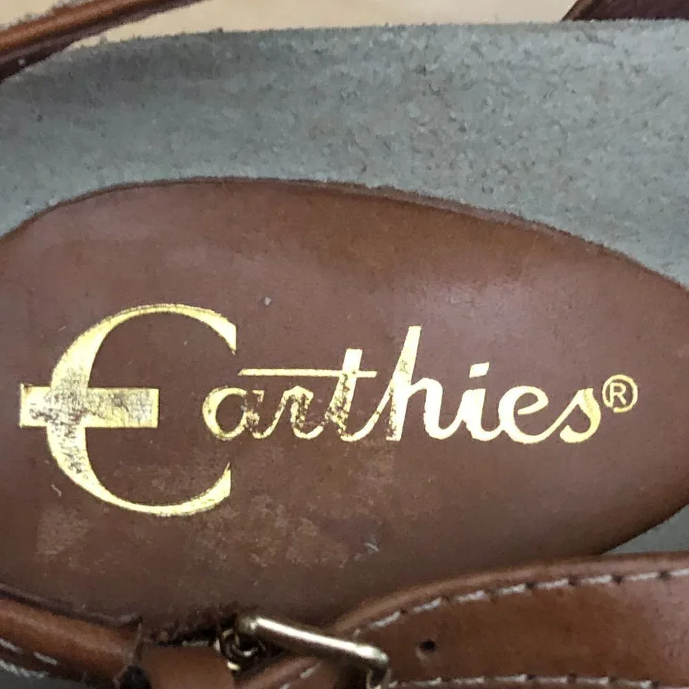 EARTHIES Siena Cognac Tan Leather Cone Heel Sandals size 7 B Chunky Coastal Boho